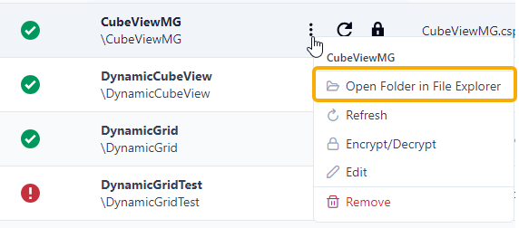 The Context Menu is selected for an item and the Open Folder in File Explorer option is the first option in the context menu